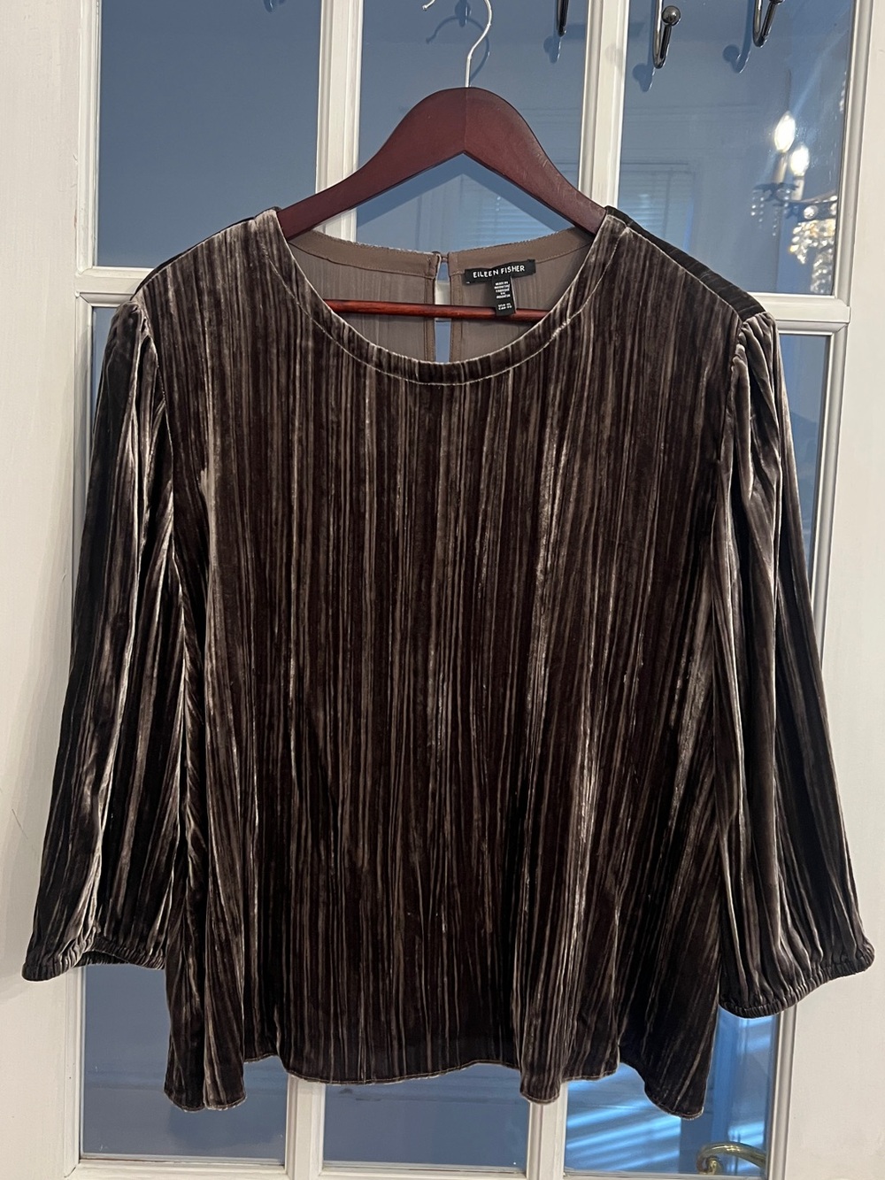 Eileen Fisher Women’s Brown Crushed Silk Velvet Bubble Sleeve Blouse Top Size XL